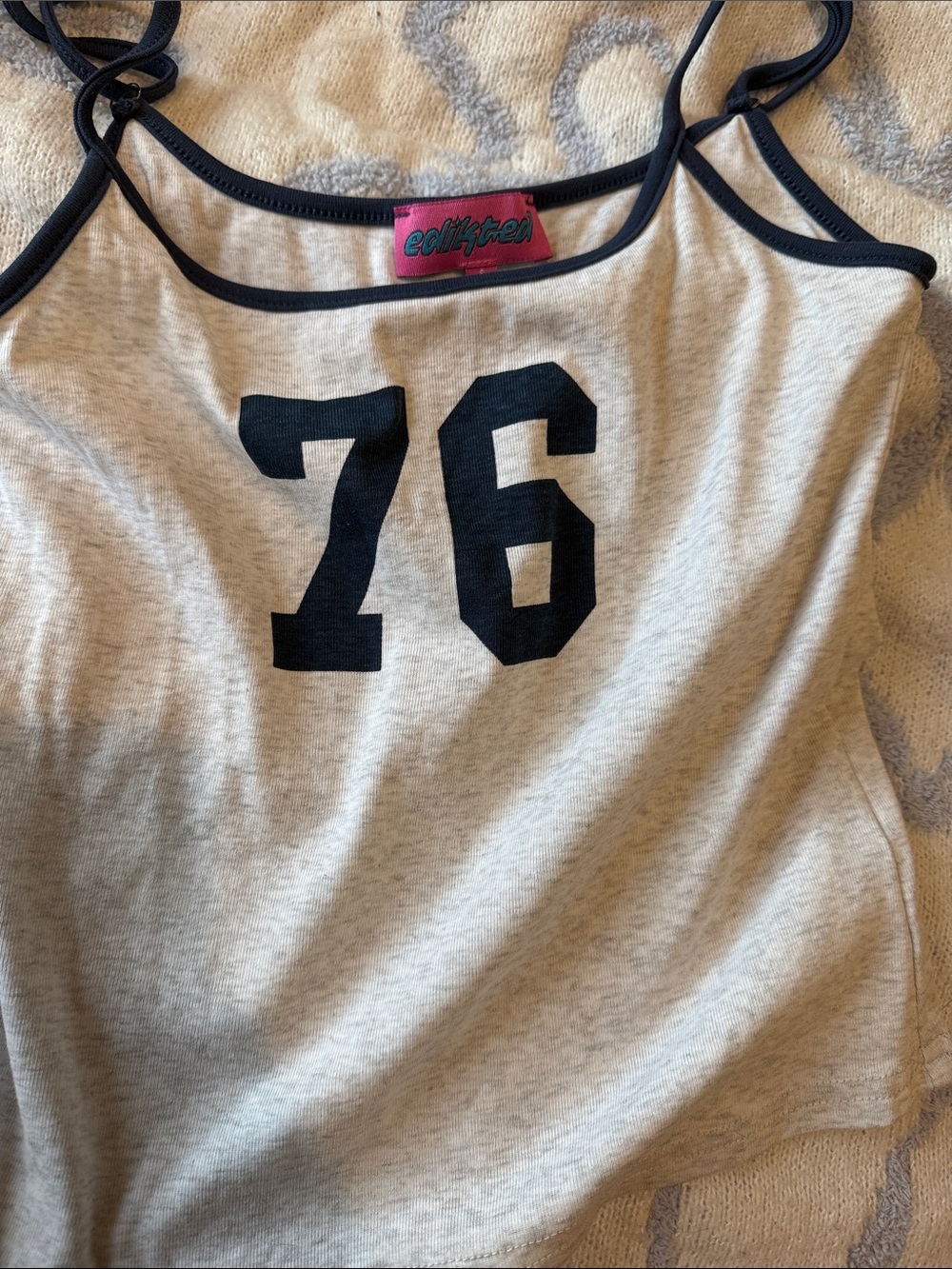 Edikted Cream Tank Top with Black Trim and Black '76' Print